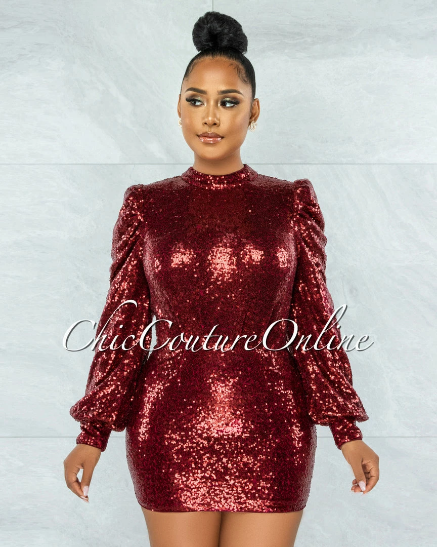 Vendor-unknown JUST IN Octavia Burgundy Sequins Bubble Sleeves Dress