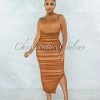 Chic Couture Online JUST IN Yerina Camel Ruched Bodice Side Slit Maxi Dress