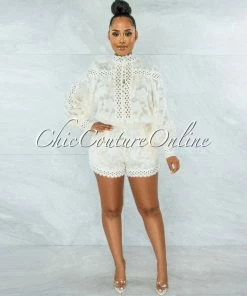 Vendor-unknown JUST IN Bansuri Ivory Crochet Pearl Sheer Blouse & Shorts Set