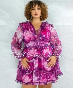 Chic Couture Online JUST IN Fanta Fuchsia Purple Print Waist Cut-Out Ruffle Dress