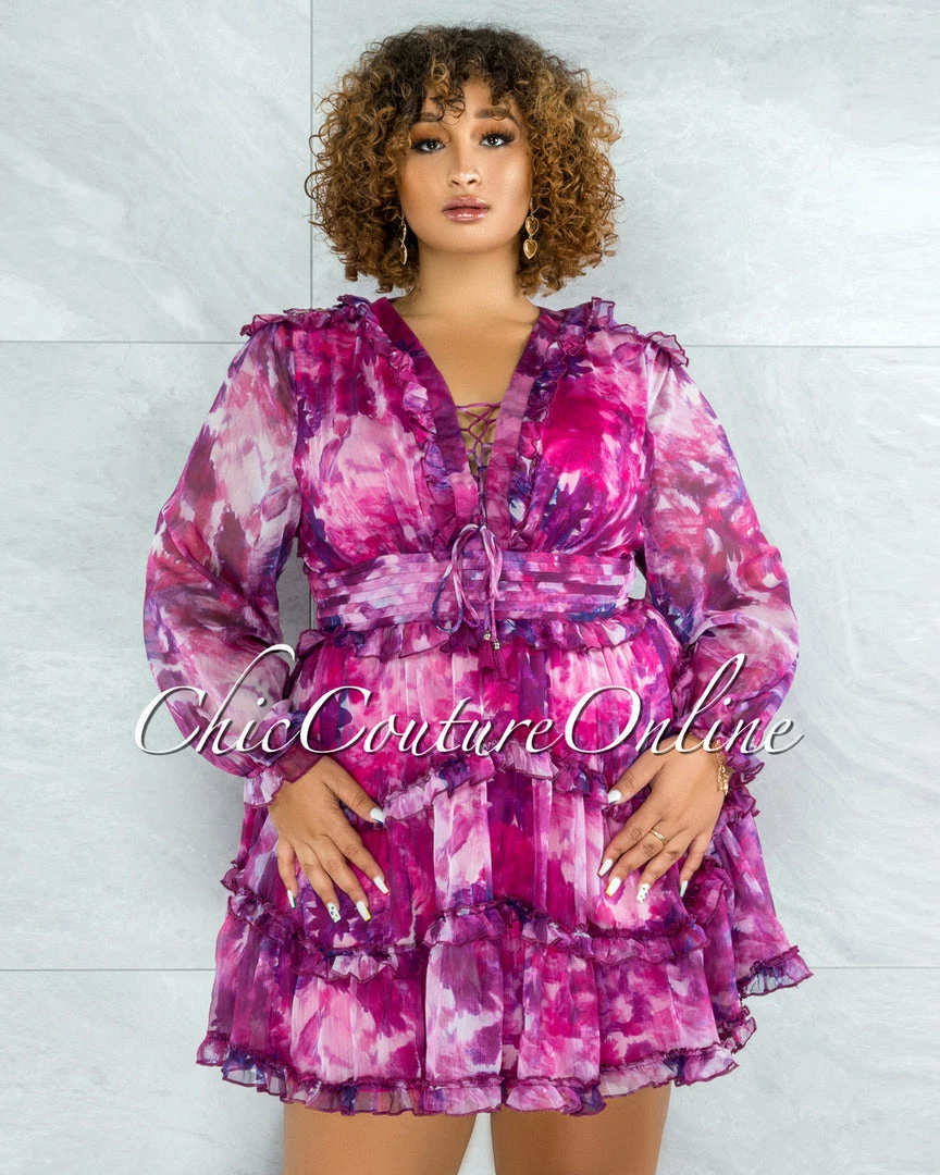 Chic Couture Online JUST IN Fanta Fuchsia Purple Print Waist Cut-Out Ruffle Dress