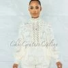 Vendor-unknown JUST IN Bansuri Ivory Crochet Pearl Sheer Blouse & Shorts Set