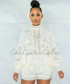 Vendor-unknown JUST IN Bansuri Ivory Crochet Pearl Sheer Blouse & Shorts Set