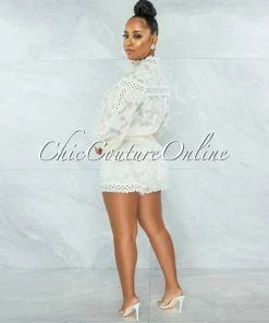 Vendor-unknown JUST IN Bansuri Ivory Crochet Pearl Sheer Blouse & Shorts Set