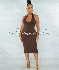 Vendor-unknown Wrama Brown Halter Double Lined Midi Dress