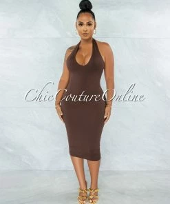 Vendor-unknown Wrama Brown Halter Double Lined Midi Dress