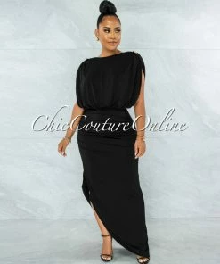 Vendor-unknown Varsha Black Gold Link Open Back Maxi Dress