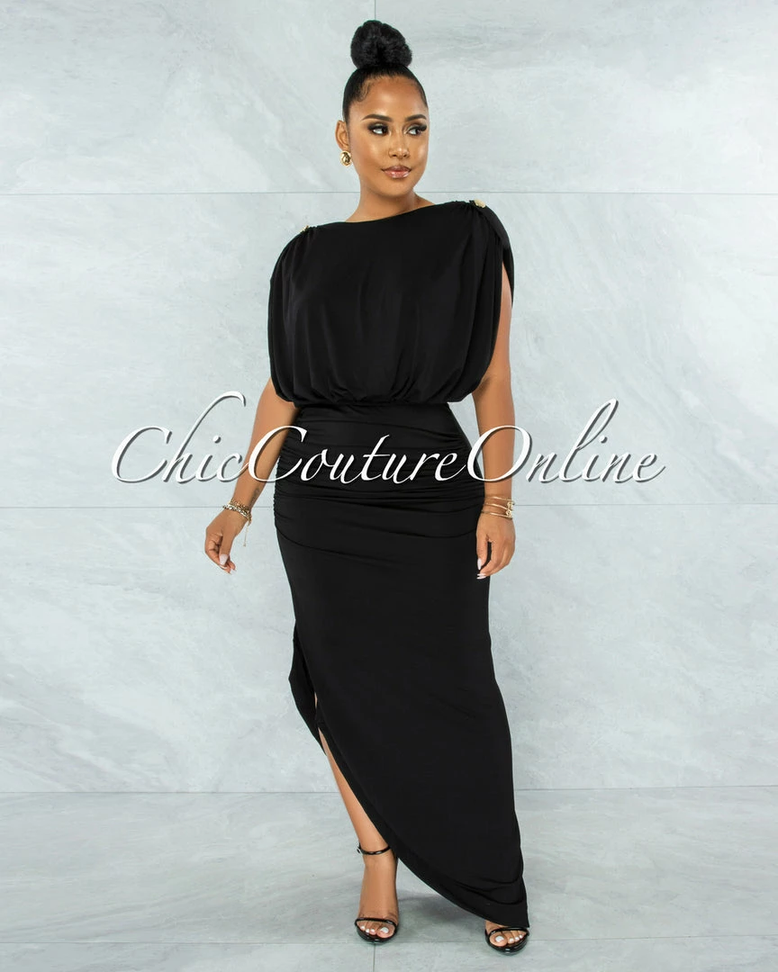Vendor-unknown Varsha Black Gold Link Open Back Maxi Dress