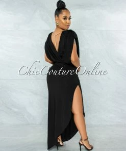 Vendor-unknown Varsha Black Gold Link Open Back Maxi Dress