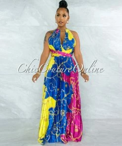 Vendor-unknown Yanessa Blue Fuchsia Gold Link Straps Halter Maxi Dress