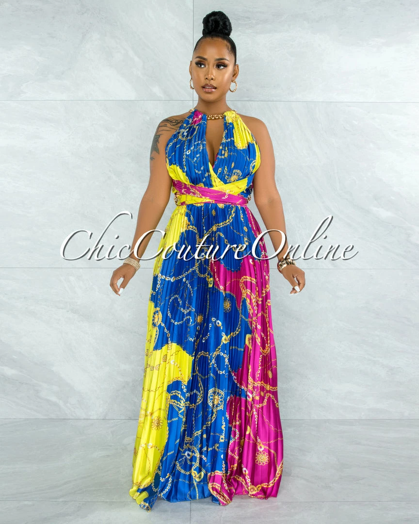 Vendor-unknown Yanessa Blue Fuchsia Gold Link Straps Halter Maxi Dress