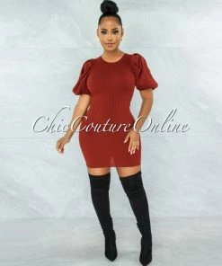 Vendor-unknown Oceana Rust Bubble Sleeves Ribbed Dress JUST IN
