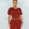 Vendor-unknown Oceana Rust Bubble Sleeves Ribbed Dress JUST IN