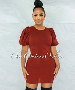Vendor-unknown Oceana Rust Bubble Sleeves Ribbed Dress JUST IN