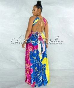 Vendor-unknown Yanessa Blue Fuchsia Gold Link Straps Halter Maxi Dress
