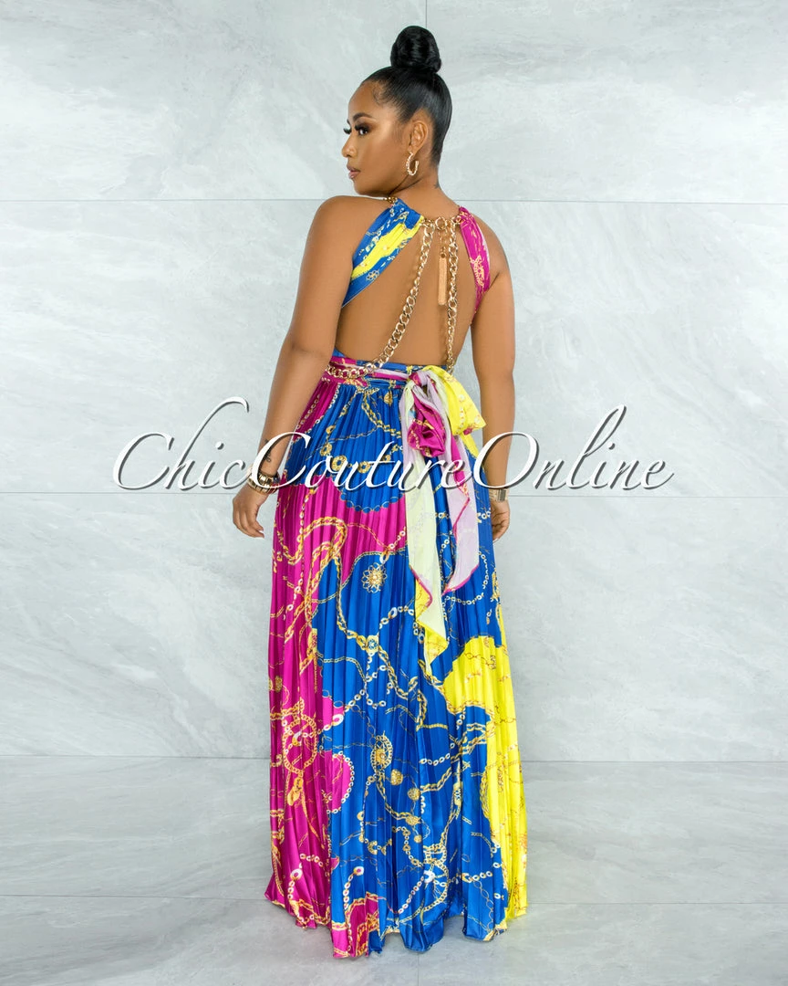 Vendor-unknown Yanessa Blue Fuchsia Gold Link Straps Halter Maxi Dress