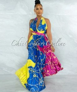 Vendor-unknown Yanessa Blue Fuchsia Gold Link Straps Halter Maxi Dress