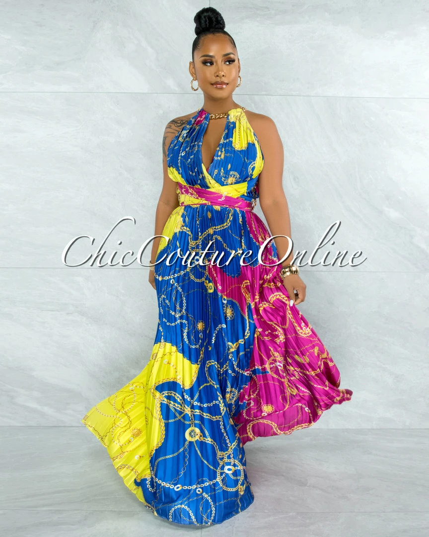 Vendor-unknown Yanessa Blue Fuchsia Gold Link Straps Halter Maxi Dress