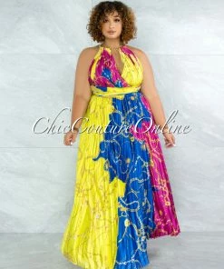 Vendor-unknown Yanessa Blue Fuchsia Gold Link Straps Halter Maxi Dress