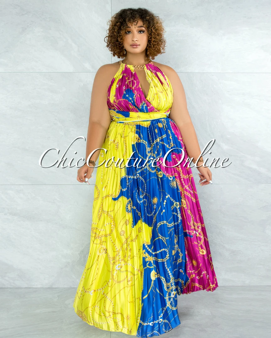 Vendor-unknown Yanessa Blue Fuchsia Gold Link Straps Halter Maxi Dress