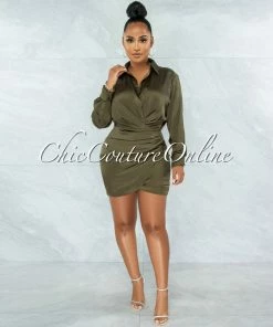Chic Couture Online Floriane Olive Green Wrap Long Sleeves Draped Satin Dress JUST IN