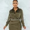 Chic Couture Online Floriane Olive Green Wrap Long Sleeves Draped Satin Dress JUST IN