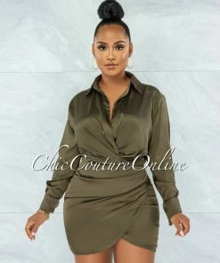 Chic Couture Online Floriane Olive Green Wrap Long Sleeves Draped Satin Dress JUST IN