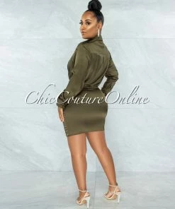 Chic Couture Online Floriane Olive Green Wrap Long Sleeves Draped Satin Dress JUST IN