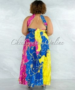 Vendor-unknown Yanessa Blue Fuchsia Gold Link Straps Halter Maxi Dress