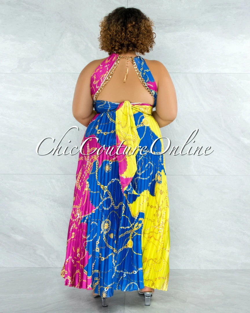 Vendor-unknown Yanessa Blue Fuchsia Gold Link Straps Halter Maxi Dress