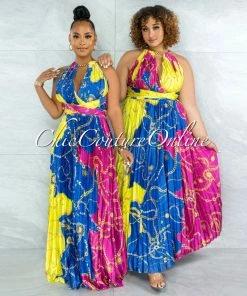 Vendor-unknown Yanessa Blue Fuchsia Gold Link Straps Halter Maxi Dress