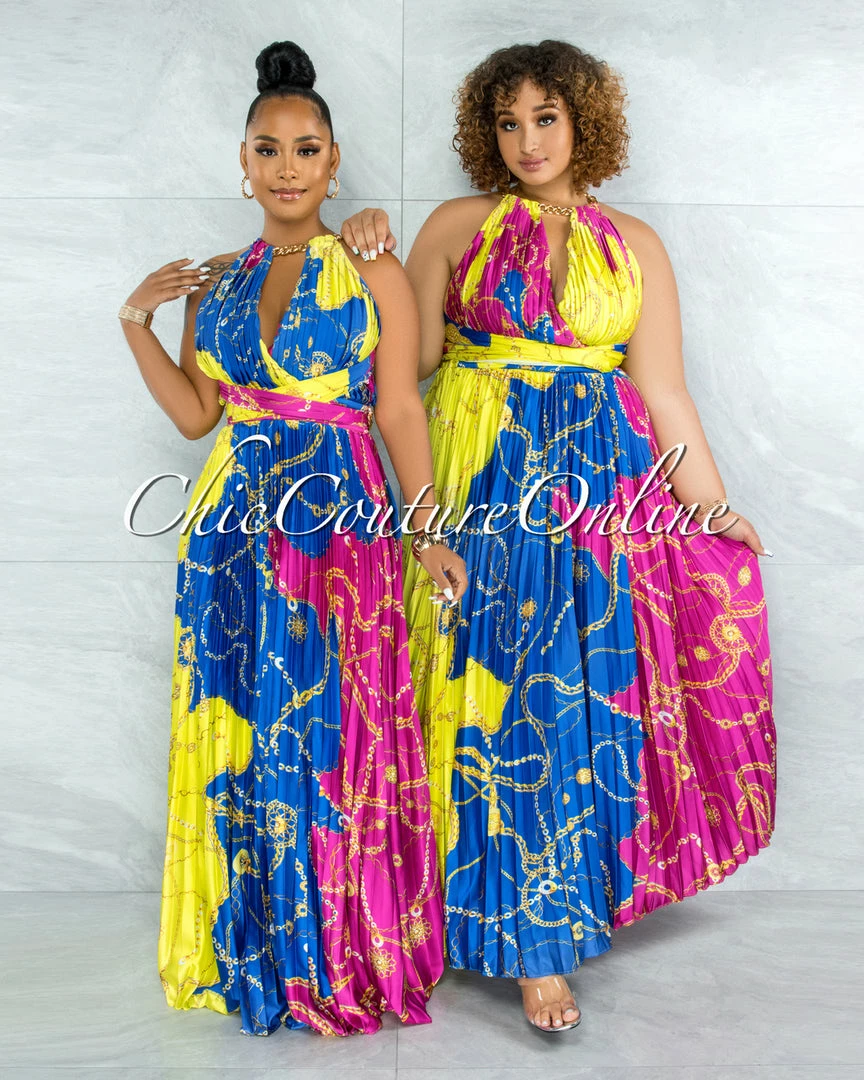 Vendor-unknown Yanessa Blue Fuchsia Gold Link Straps Halter Maxi Dress