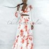 Vendor-unknown Maninder Ivory Red Floral Print Top & Maxi Skirt Set