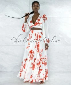 Vendor-unknown Maninder Ivory Red Floral Print Top & Maxi Skirt Set