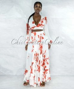 Vendor-unknown Maninder Ivory Red Floral Print Top & Maxi Skirt Set