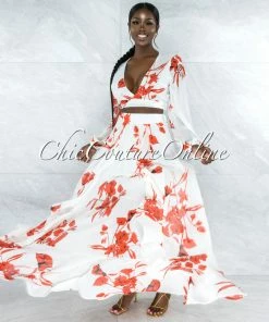 Vendor-unknown Maninder Ivory Red Floral Print Top & Maxi Skirt Set