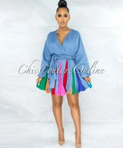 Vendor-unknown Padamy Blue Chambray Multi-Color Pleated Bottom CURVACEOUS Dress