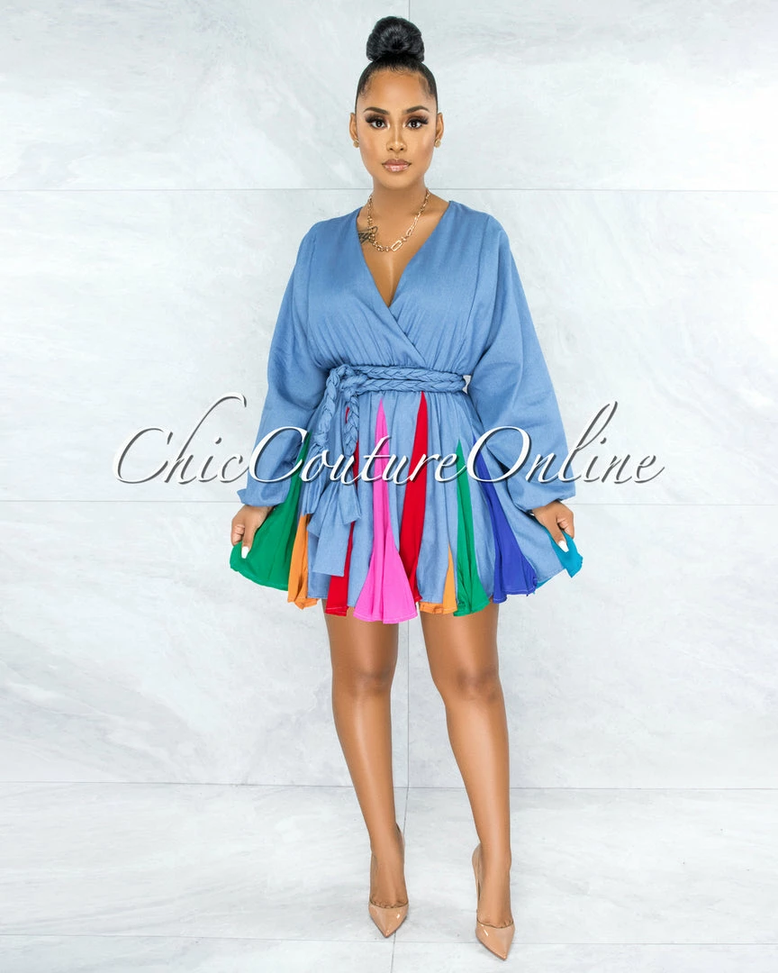 Vendor-unknown Padamy Blue Chambray Multi-Color Pleated Bottom CURVACEOUS Dress