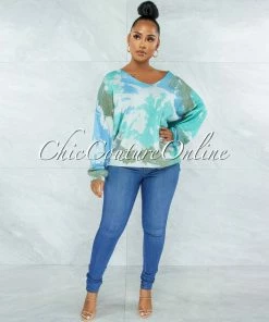Vendor-unknown Ophelia Gray Aqua Print Silver Shimmer Knit Sweater