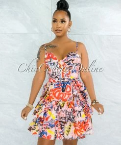 Vendor-unknown Ondrea Pink Graffiti Print Strappy Open Back Mini Dress