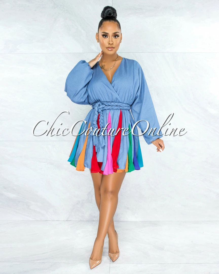 Vendor-unknown Padamy Blue Chambray Multi-Color Pleated Bottom CURVACEOUS Dress