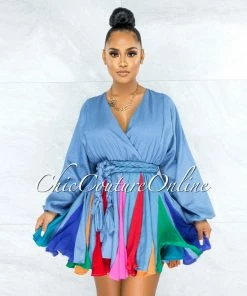 Vendor-unknown Padamy Blue Chambray Multi-Color Pleated Bottom CURVACEOUS Dress