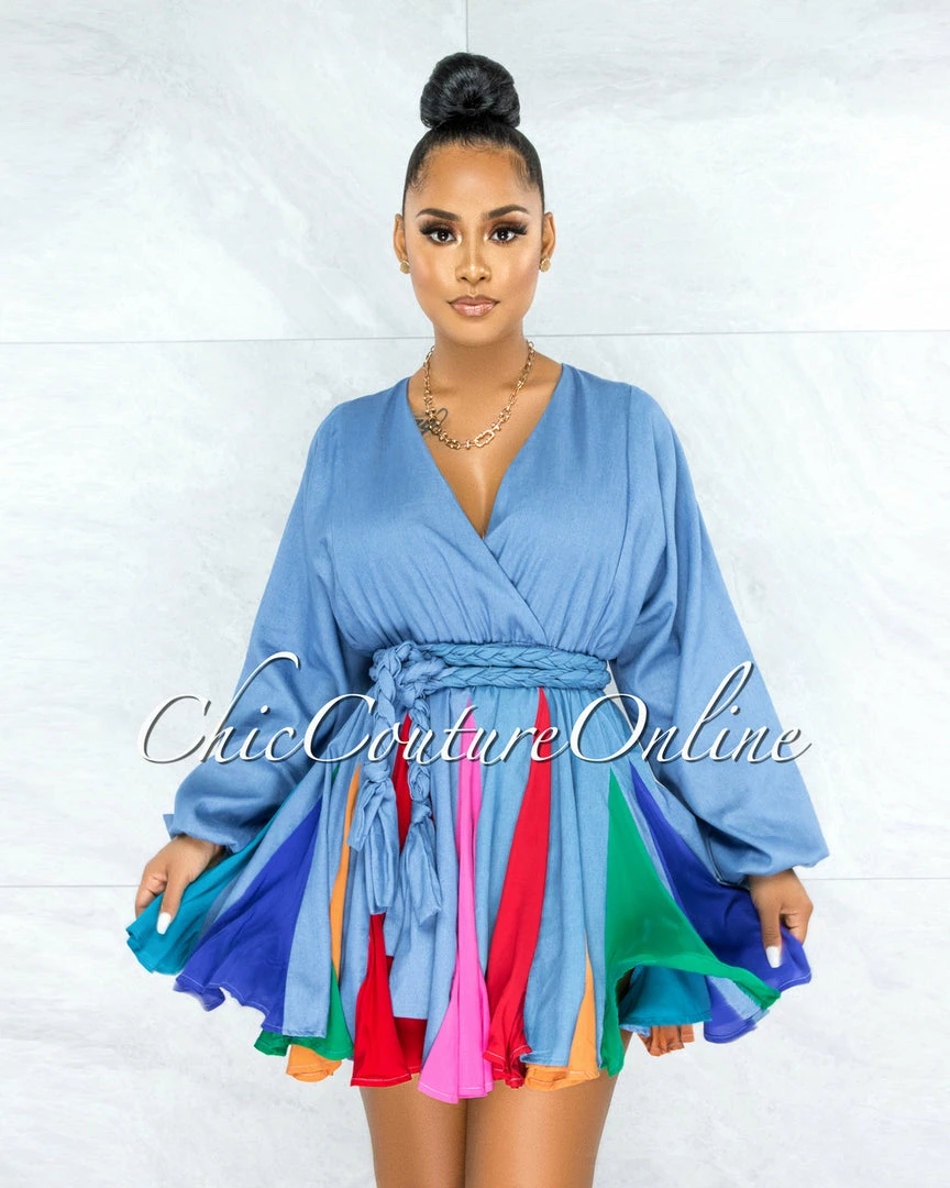 Vendor-unknown Padamy Blue Chambray Multi-Color Pleated Bottom CURVACEOUS Dress