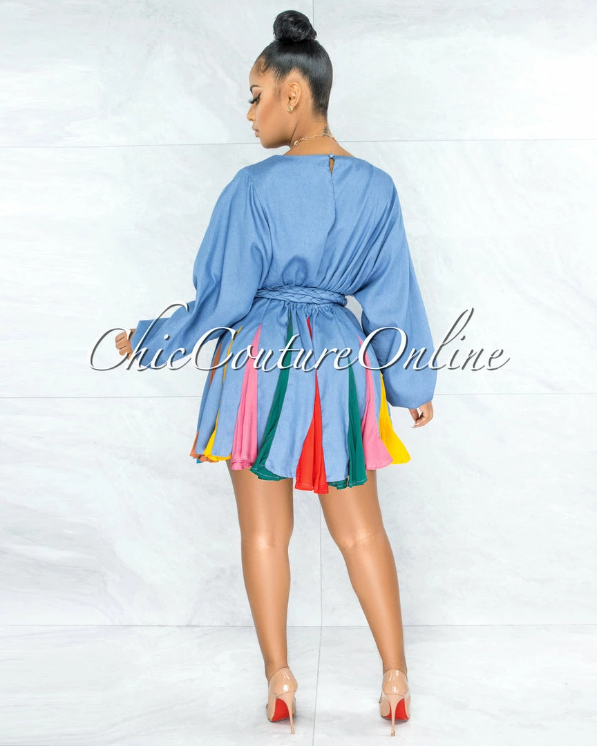 Vendor-unknown Padamy Blue Chambray Multi-Color Pleated Bottom CURVACEOUS Dress
