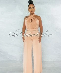 Vendor-unknown Byford Peach Halter Pleated Satin Jumpsuit JUST IN