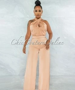 Vendor-unknown Byford Peach Halter Pleated Satin Jumpsuit JUST IN