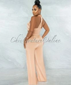 Vendor-unknown Byford Peach Halter Pleated Satin Jumpsuit JUST IN