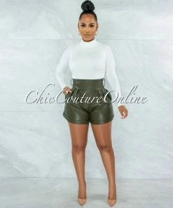Vendor-unknown Prisma Olive Green Faux Leather Self-Tie Belt Shorts JUST IN