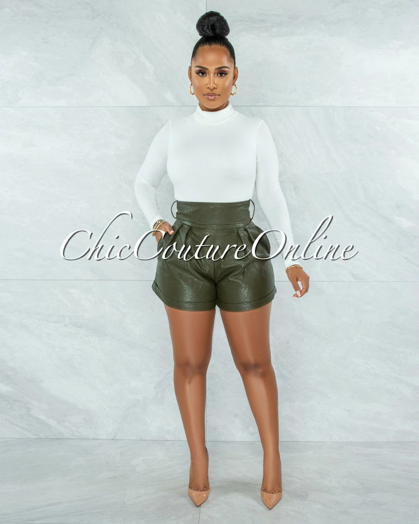 Vendor-unknown Prisma Olive Green Faux Leather Self-Tie Belt Shorts JUST IN