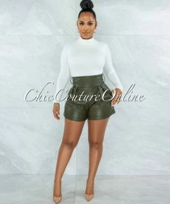 Vendor-unknown Prisma Olive Green Faux Leather Self-Tie Belt Shorts JUST IN